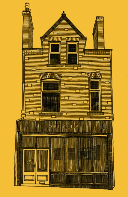 Illustration of the Art Club building — a tall Victorian shopfront drawn in black ink on yellow